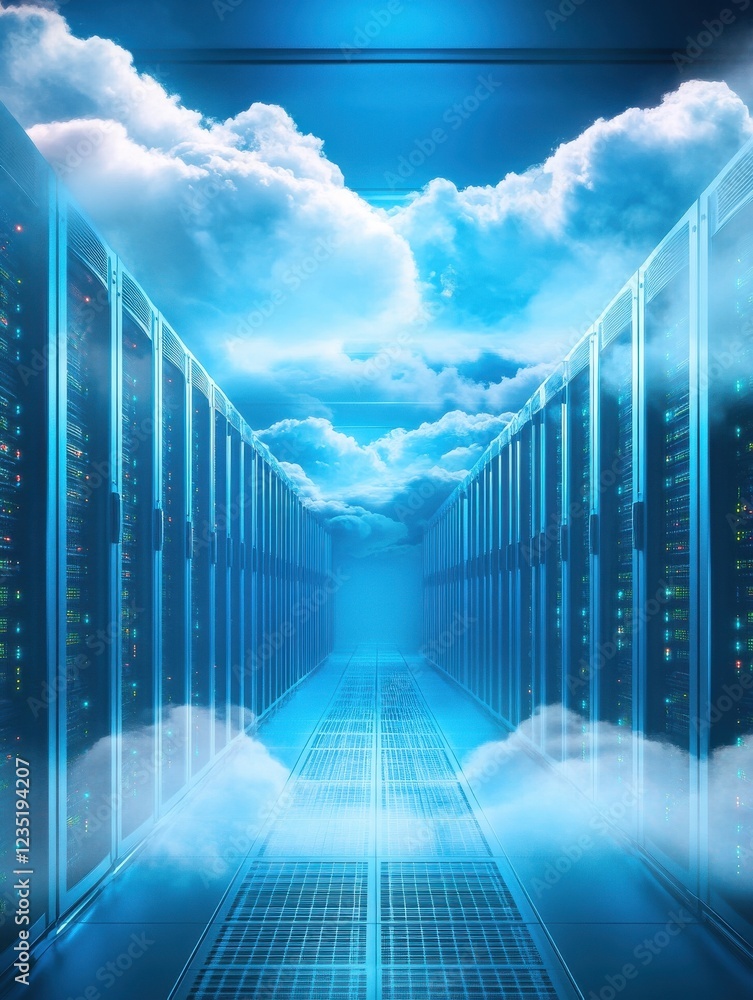 Poster cloud computing technology concept. digital clouds and servers in a data center, representing online