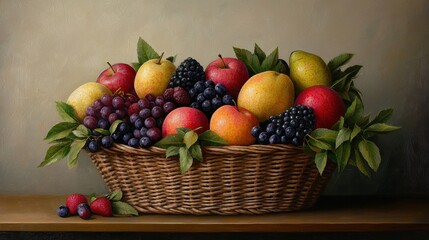 A vibrant basket filled with various fruits, including apples, grapes, and pears, set against a soft, neutral background.