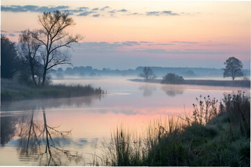 Fototapeta premium Peaceful Lake, A tranquil river scene at dawn, with mist rising from the water and soft pastel colors illuminating the sky.