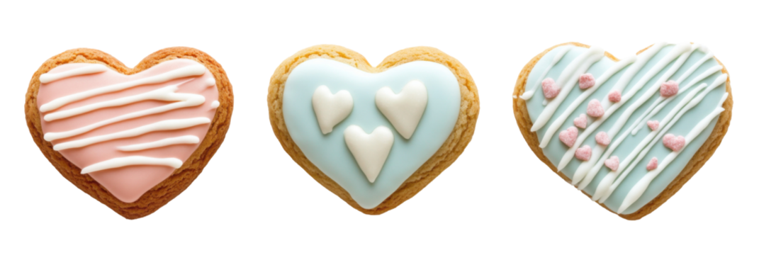 Herzförmige Kekse mit bunter Glasur und dekorativen Mustern auf transparentem Hintergrund png - Powered by Adobe