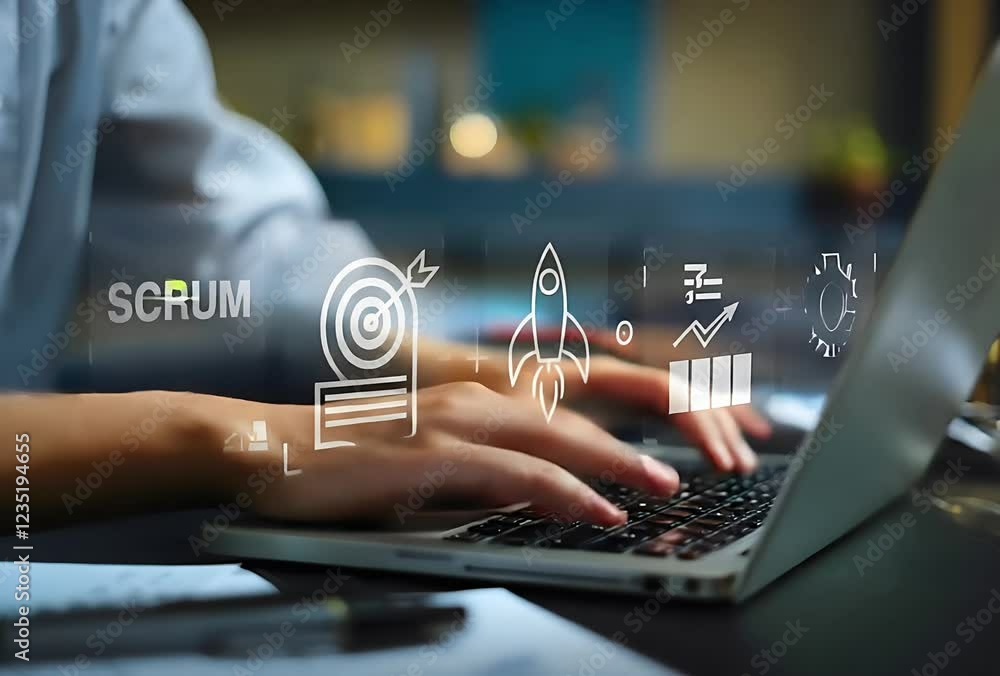 Poster Agile Scrum Methodology: Businessman Planning Project on Laptop, Virtual Scrum Icons, Agile Development, Teamwork, Project Management, Software Development,    