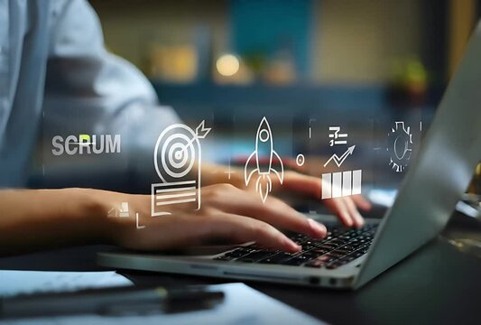 Agile Scrum Methodology: Businessman Planning Project on Laptop, Virtual Scrum Icons, Agile Development, Teamwork, Project Management, Software Development,    