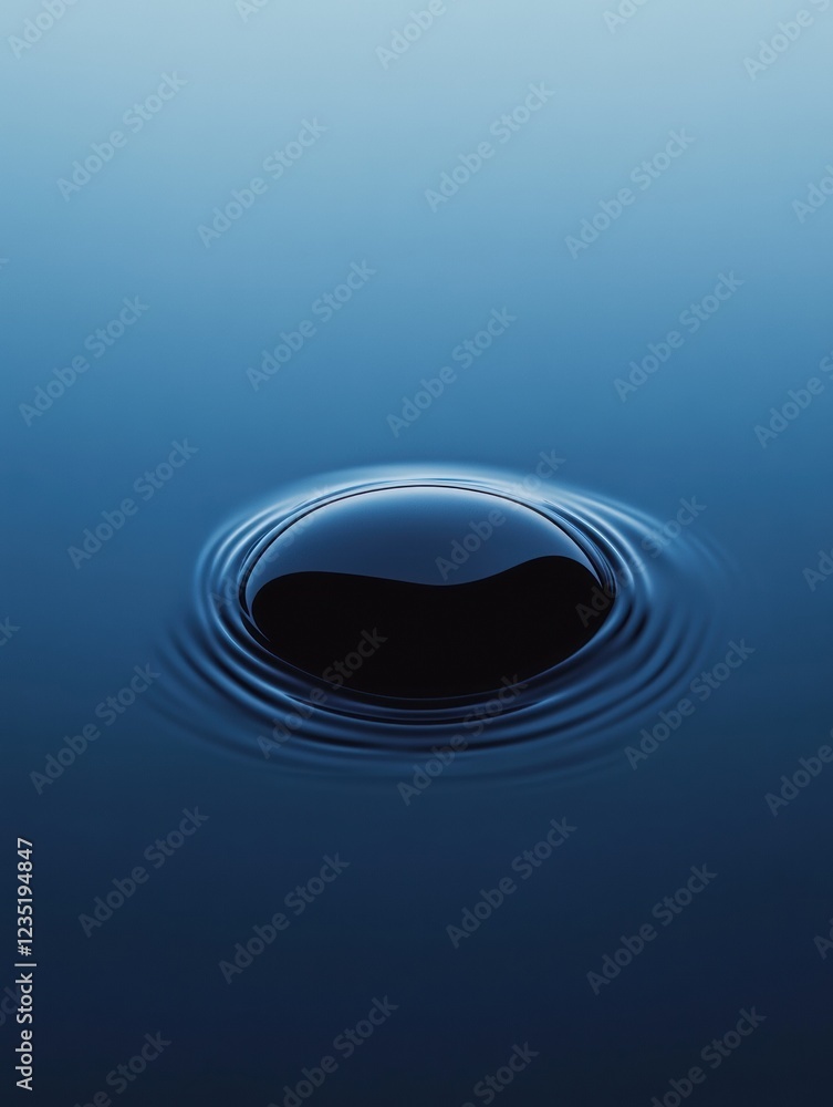 Poster calm circular ripple in deep blue water with a smooth black circular object at the center during a s