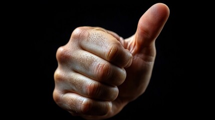 Close-up of a human hand giving a thumbs-up gesture against a dark background, symbolizing approval