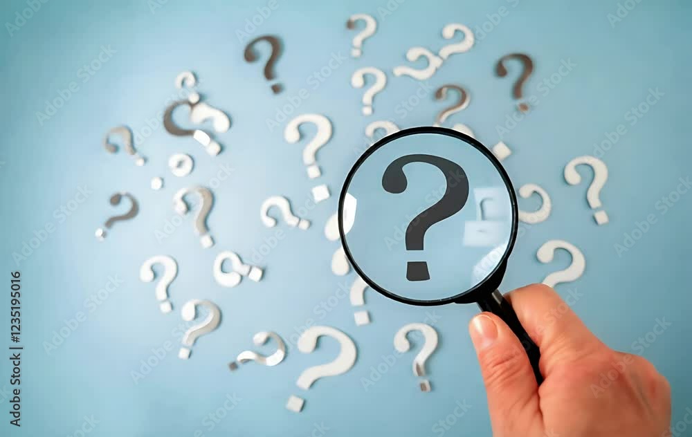 Poster Uncover the Truth: Root Cause Analysis Concept. A hand uses a magnifying glass to investigate a central question mark amidst a field of smaller question marks, 