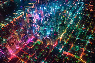 Obraz premium Aerial View of a Sprawling Urban City at Night