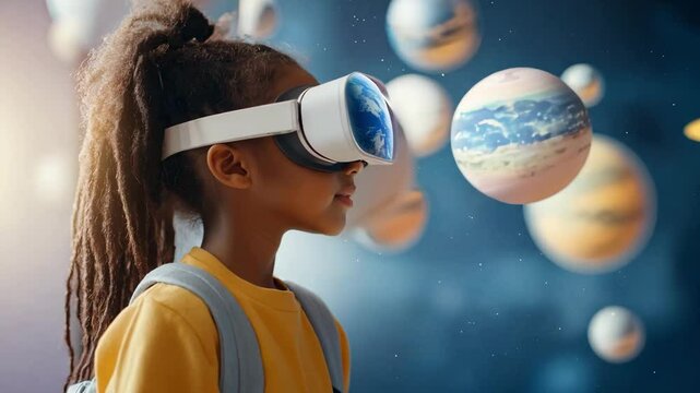 A curious black child girl experiences a vibrant virtual galaxy, captivated by floating planets and cosmic elements in an immersive setting