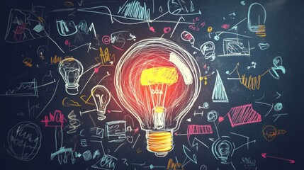 A blackboard filled with colorful drawings and diagrams, including a large lightbulb in the center.