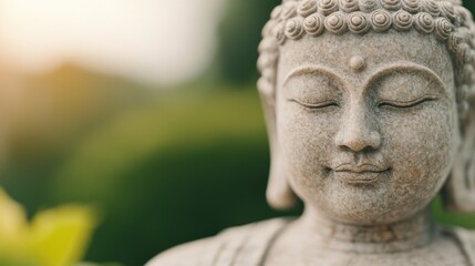 Obraz premium Serene Buddha statue in garden, peaceful sunset. Meditation, mindfulness concept