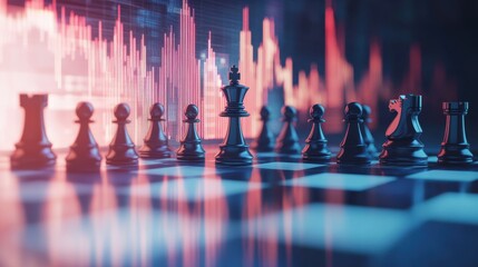 Abstract image with chessboard and growing global digital forex chart on blue background. Strategy, politics and finance concept. 3D Rendering