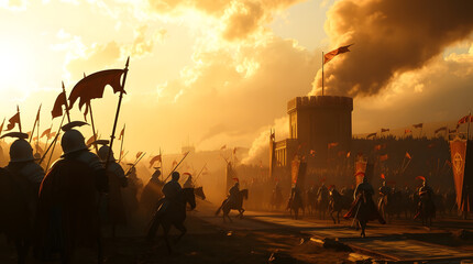  adorable claymation-style image of a siege battle, textured surface, playful colors, expressive characters with exaggerated features, humorous poses, stop-motion style 4k resolution
