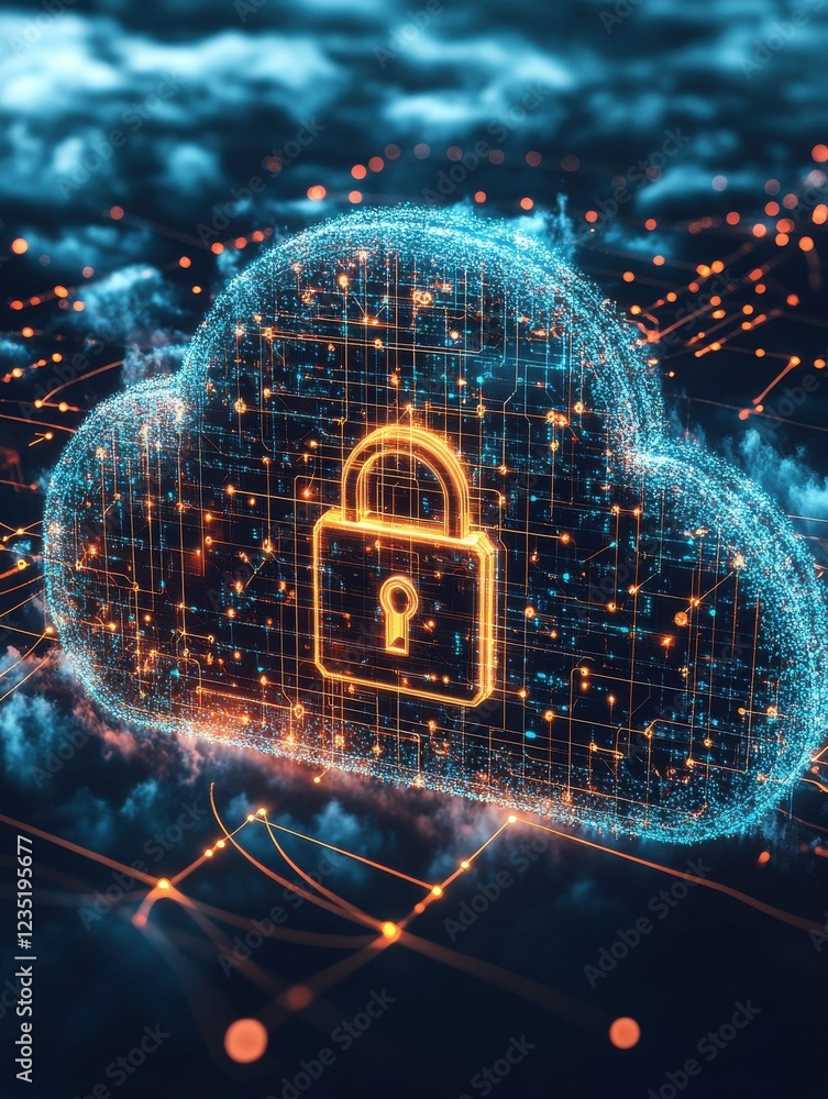 Poster a digital lock appears over a cloud storage graphic, illustrating the concept of data encryption, wi