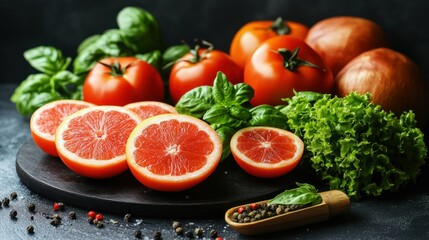 Fresh colorful fruits and vegetables on a dark surface