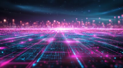 Obraz premium Futuristic Digital Landscape with Neon Grid and Starry Skyline