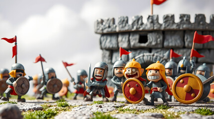  adorable claymation-style image of a siege battle, textured surface, playful colors, expressive characters with exaggerated features, humorous poses, stop-motion style 4k resolution
