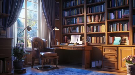 A cozy home library with a large window, wooden bookshelves, and a comfortable reading nook.