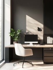 114. Clean and organized office desk with minimal decor and a small plant