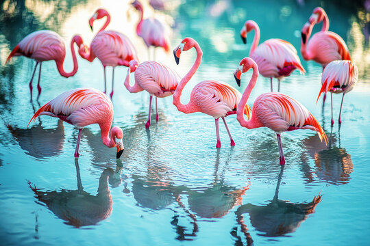 Flock of vibrant pink flamingos gathered in a serene lagoon reflecting their colors in the water