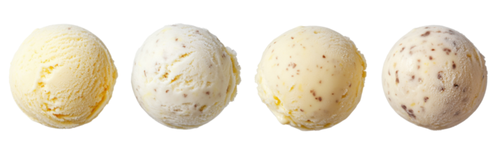Vier Kugeln verschiedener Eissorten: Vanille, Schokoladenstückchen, Minze und Kekse png
