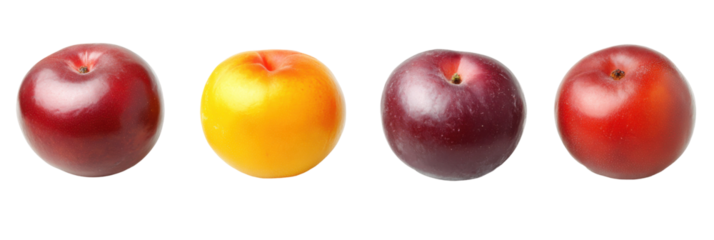 Vier reife Pflaumen aufgereiht vor transparentem Hintergrund, der Vielfalt und Farbe zeigt png