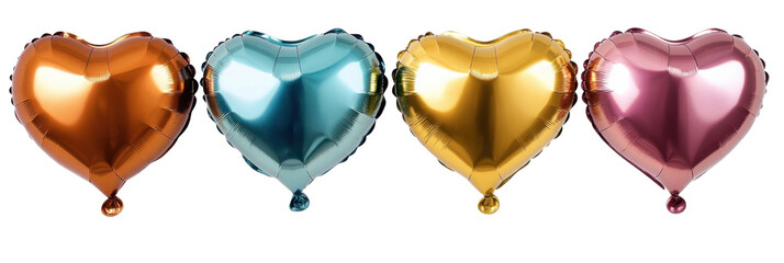 Vier metallische herzförmige Luftballons in Orange, Blau, Gold und Pink png