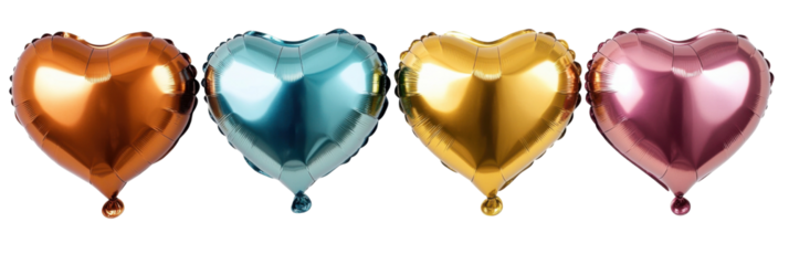 Vier metallische herzförmige Luftballons in Orange, Blau, Gold und Pink png