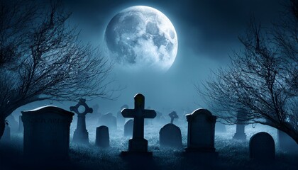 spooky halloween background eerie misty graveyard scene complete moon haunted bushes darkish atmospheric digital artwork illustration
