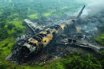 Naklejka premium Aerial view of a burnt airplane wreck in lush greenery