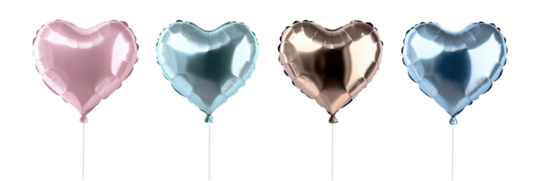 Vier metallische Herzballons in Pink, Silber, Bronze und Blau schweben auf transparentem Hintergrund png