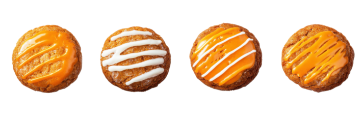Vier glasierte Kürbisplätzchen mit orangefarbenem und weißem Nieselregen auf transparentem Hintergrund png