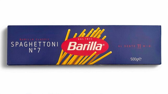 Photo of a blue cardboard box of Barilla Spaghettoni N. 7 Italian pasta 500g package, isolated on white background.