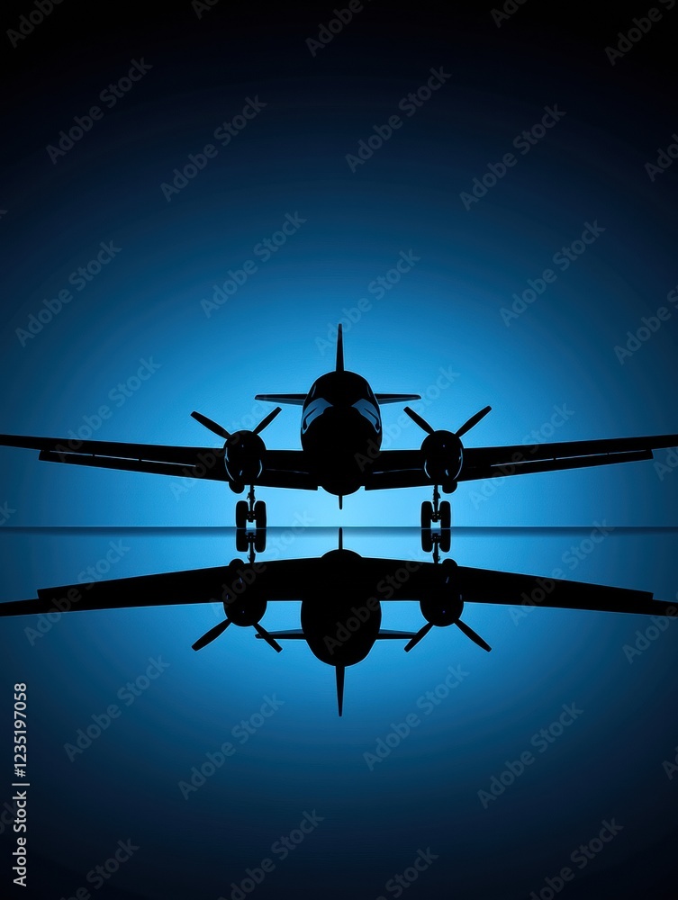 Poster silhouette of a sleek airplane reflecting against a vivid blue backdrop at twilight. generative ai