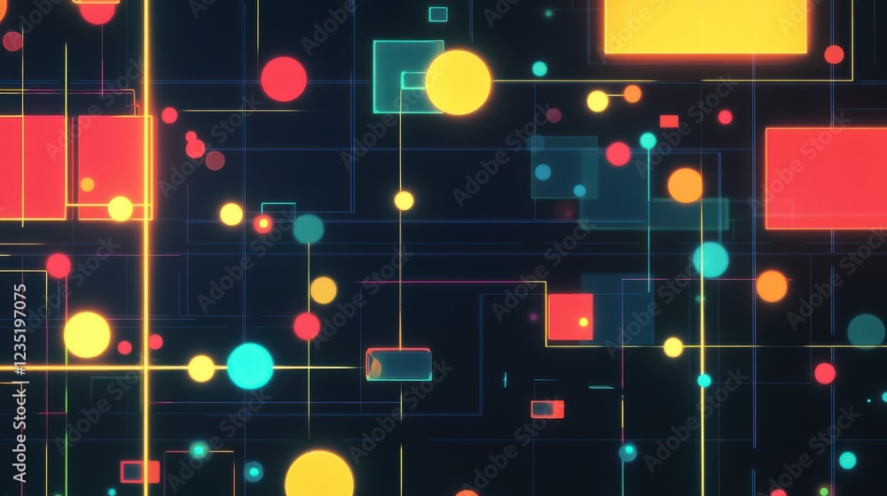 Poster abstract colorful geometric shapes and lines on dark background