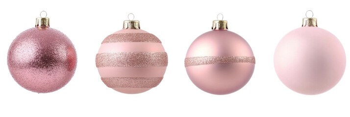 Vier elegante rosa Weihnachtsornamente mit Glitzer und mattem Finish in einer Reihe png