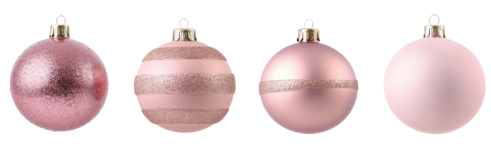 Vier elegante rosa Weihnachtsornamente mit Glitzer und mattem Finish in einer Reihe png