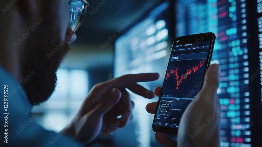 Poster crypto trader investor broker using smartphone app analyzing financial data stock market price on ce