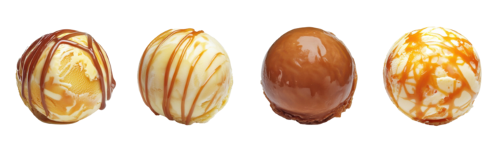 Vier köstliche Eiskugeln mit Karamell und Schokoladenüberzug png