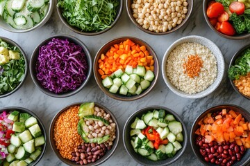 Vibrant Vegan Bowl Ingredients: A Colorful Array of Fresh Vegetables and Grains