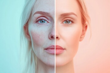 Contrast of youth and age captured in a side by side portrait showcasing two distinct facial appearances. Generative AI