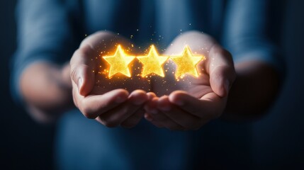 Customer Satisfaction and Trust Concept: Person Holding Glowing Five Stars Icon Symbolizing Positive Business Service Experience
