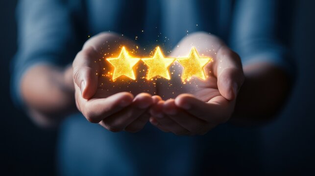 Customer Satisfaction and Trust Concept: Person Holding Glowing Five Stars Icon Symbolizing Positive Business Service Experience
