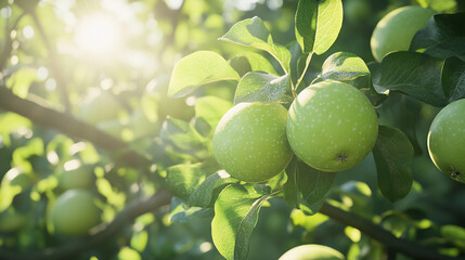 Shiny green apples glistening in the sunlight on a branch surrounded by vibrant leaves in an orchard during midday. Generative AI