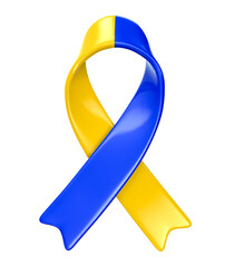 Awareness symbol blue and yellow ribbon 3D render with transparent background