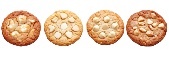Vier verschiedene Kekse mit Macadamianüssen in einer Reihe vor transparentem Hintergrund png