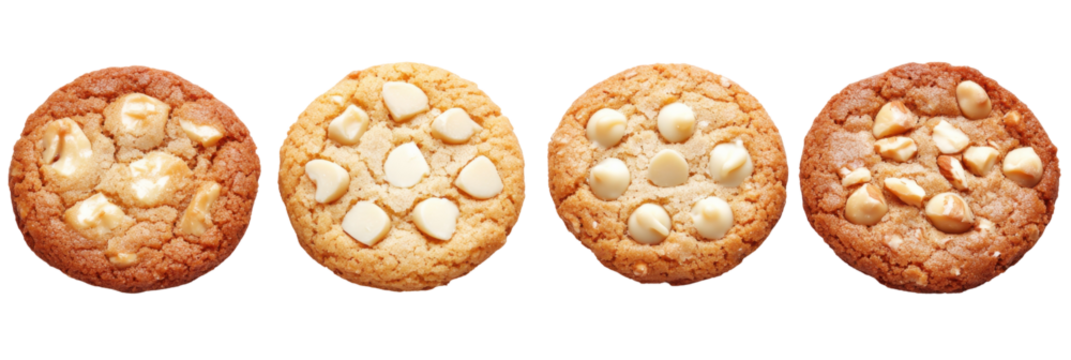 Vier verschiedene Kekse mit Macadamianüssen in einer Reihe vor transparentem Hintergrund png