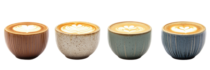 Vier handwerklich hergestellte Latte-Art-Kaffees in Keramiktassen zeigen cremige Herzdesigns png