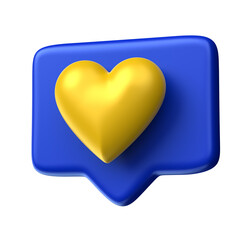 Yellow heart on blue speech bubble 3D render with transparent background