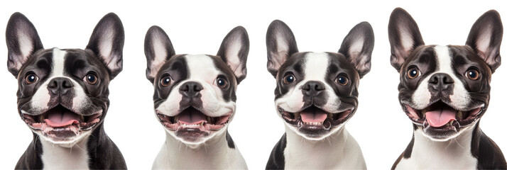 Vier entzückende französische Bulldoggen mit glücklichen Ausdrücken auf einem transparenten Hintergrund png