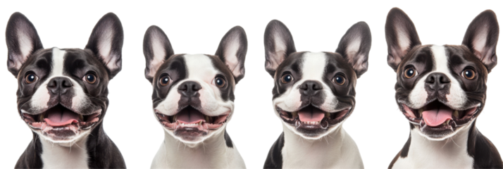 Vier entzückende französische Bulldoggen mit glücklichen Ausdrücken auf einem transparenten Hintergrund png