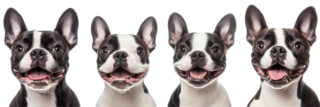 Vier entzückende französische Bulldoggen mit glücklichen Ausdrücken auf einem transparenten Hintergrund png